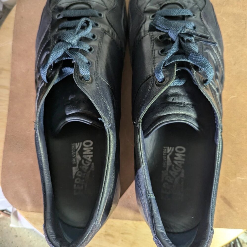 $995 Authentic SALVATORE FERRAGAMO Made in ITALY Blue Leather Sneakers Sz.10.5 - Picture 5 of 12